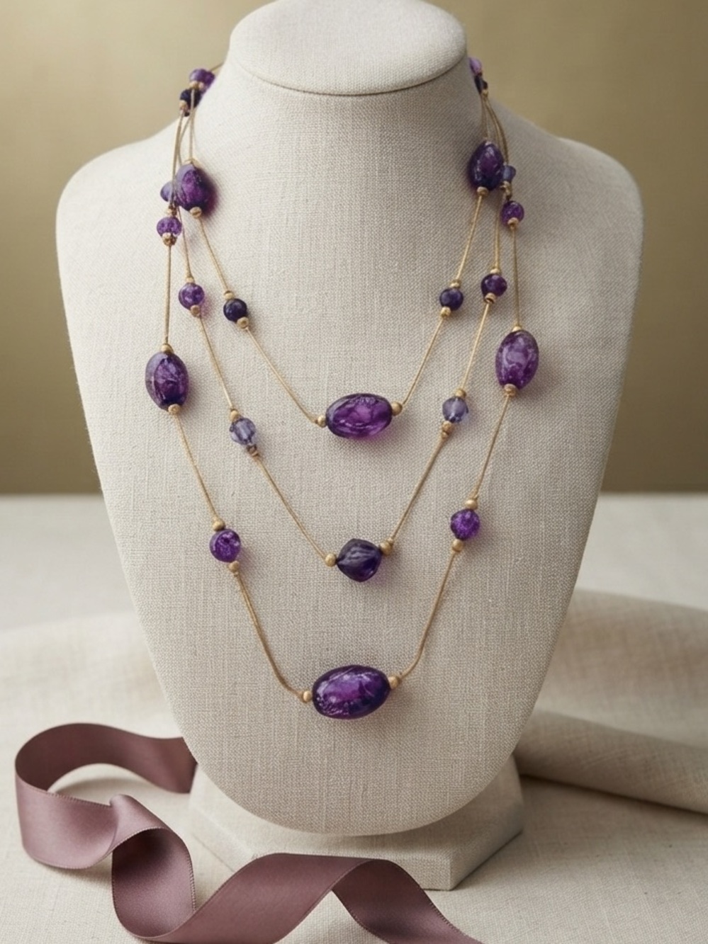 1980s Purple & Gold Three-Layer
Statement Necklace